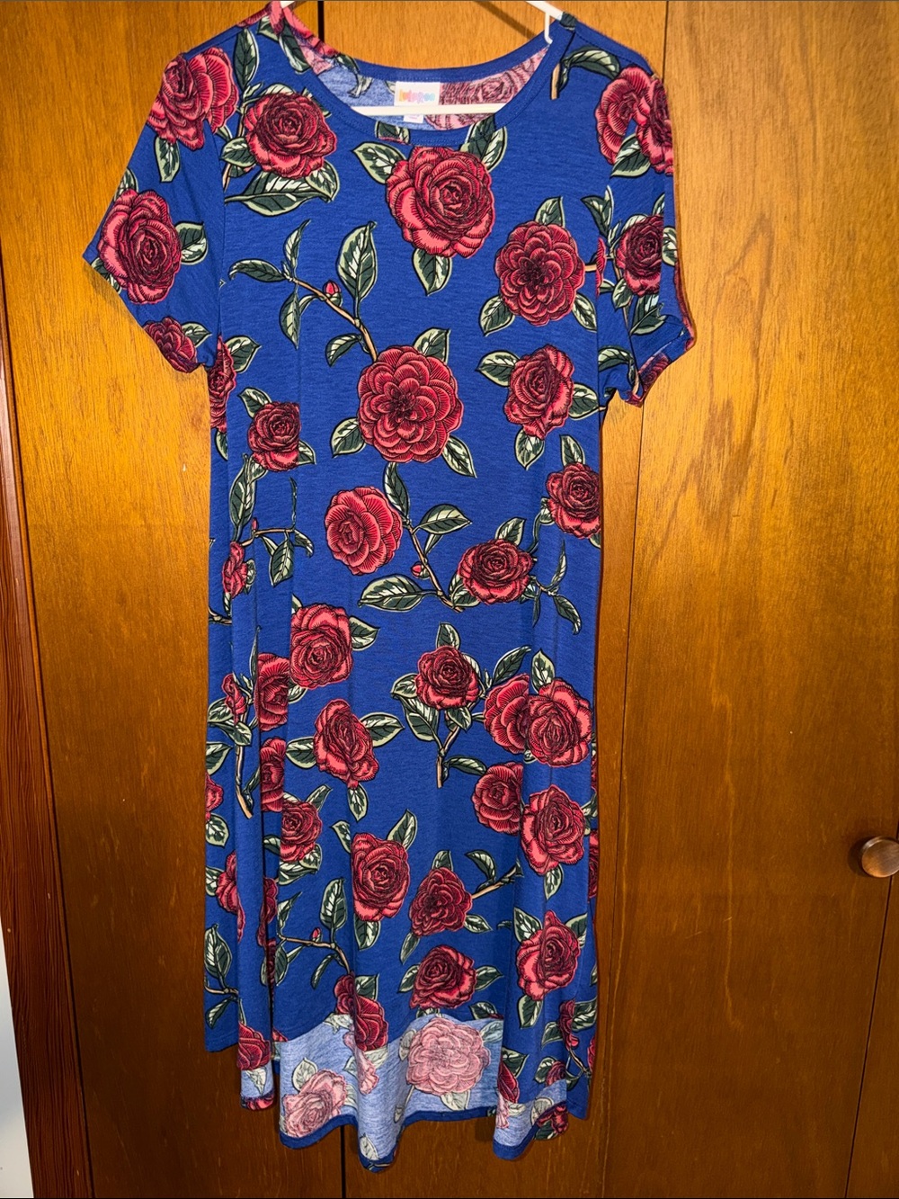 LuLaRoe Blue Midi Dress with Red Rose Print